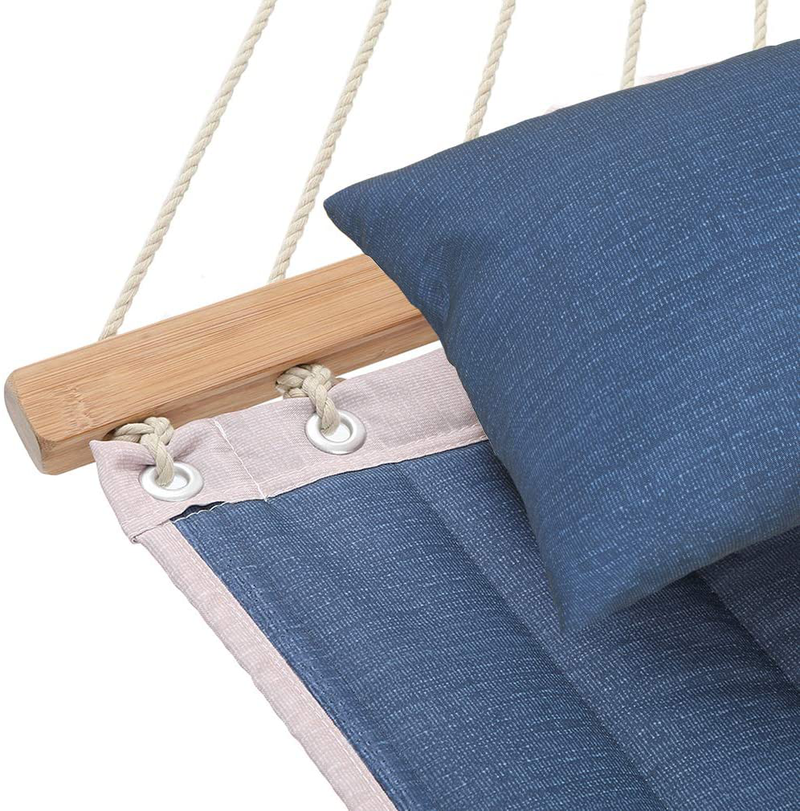 Patio Watcher 11 Feet Quilted Fabric Hammock with Pillow Double 2 Person Hammock with Bamboo Spreader Bars, Perfect for Outdoor Outside Patio Yard Beach, Dark Blue Home & Garden > Lawn & Garden > Outdoor Living > Hammocks Patio Watcher   