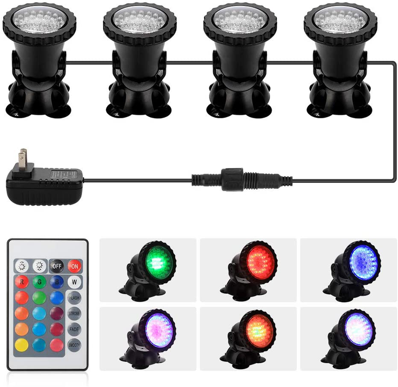 Pond Light 36 LED 100% Waterproof Underwater Submersible Lights, 4 Pack Multi-color & Adjustable & Dimmable Aquarium Light with Remote Control, Landscape Lamp for Fish Tank Swimming Pool Fountain  DOCEAN Upgraded (4 Pack)  