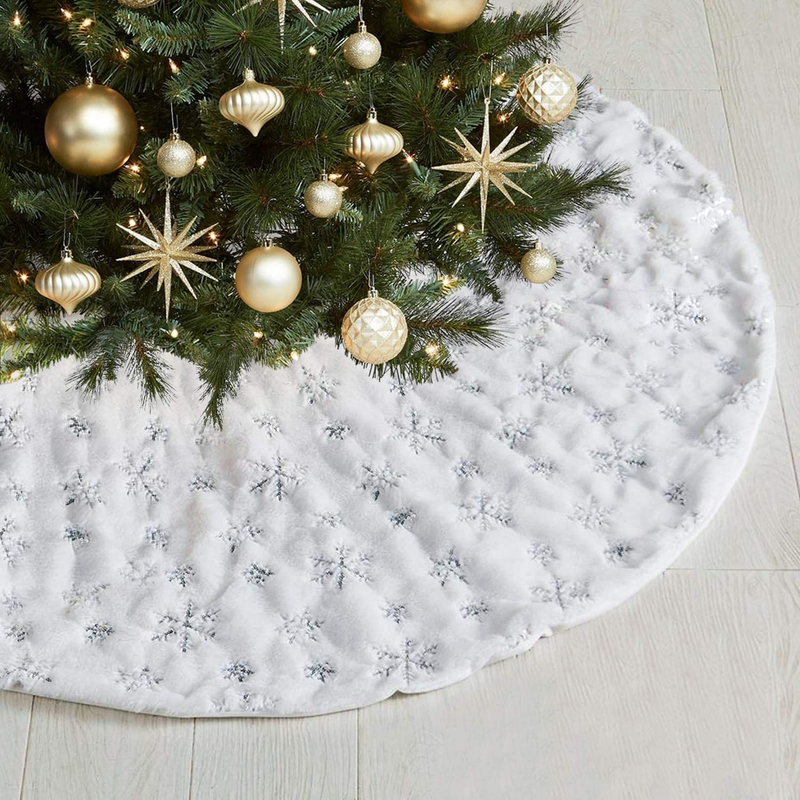 KHOYIME White Christmas Tree Skirt 48 inches Large Faux Fur Xmas Tree Skirt with Shining Silver Snowflake Christmas Decorations Party Ornaments Holiday Room Decor (122cm/48inches) Home & Garden > Decor > Seasonal & Holiday Decorations > Christmas Tree Skirts KHOYIME   