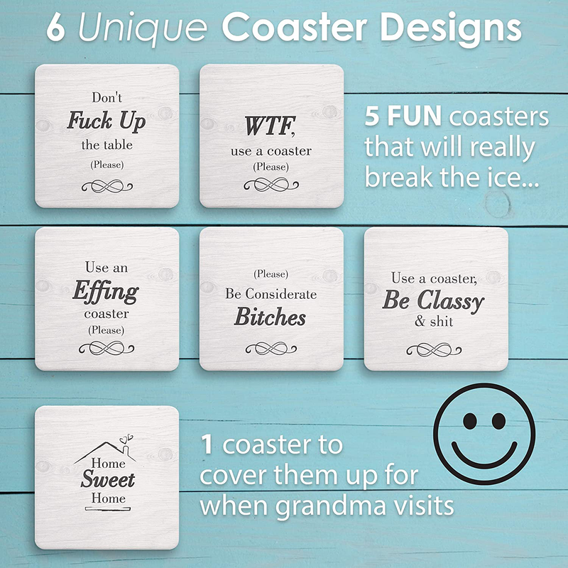 Funny Coasters for Drinks Absorbent with Holder - 6 Pcs Novelty Gift Set - 6 Sayings - Unique Present for Friends, Men, Women, Housewarming, Birthday, Living Room Decor, White Elephant, Holiday Party