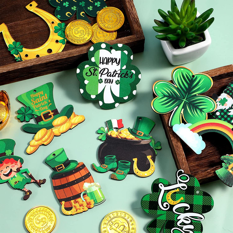 St. Patrick'S Day Ornaments Wooden St. Patricks Day Decorations Lucky Hanging Ornament Hanging Wishes Craft for Tree Shamrock Wall Decoration 12 Styles Irish Horseshoes (24 Pieces) Arts & Entertainment > Party & Celebration > Party Supplies Yulejo   