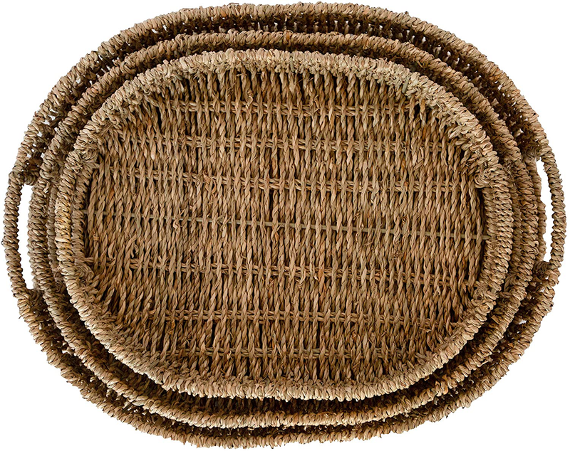 DIDDY LU - Handmade Woven Serving Tray - Set of 3 - Rectangle - Natural Rattan Storage Basket - Rectangle - Ottoman Tray Boho Coffee Table Decor - Decorative Basket - Seagrass (Rectangle) Home & Garden > Decor > Decorative Trays Diddy Lu Oval  