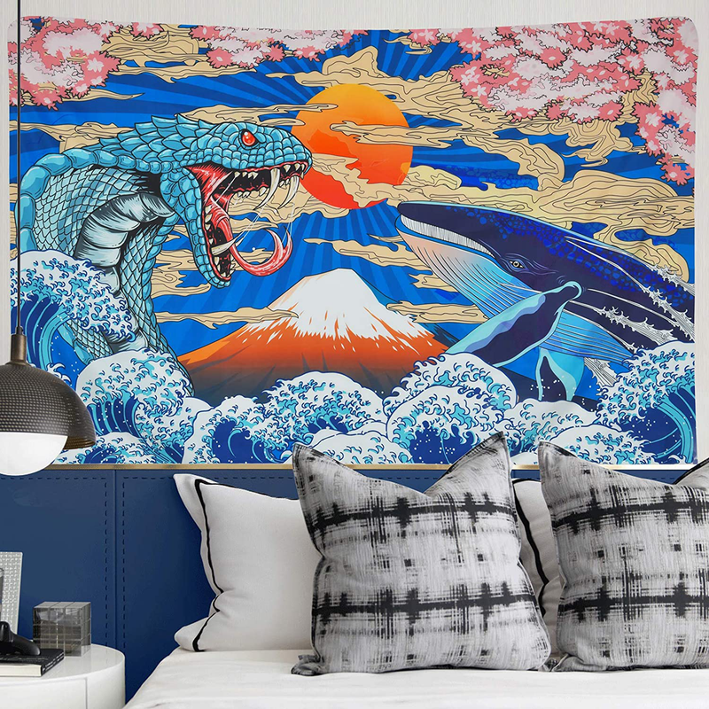 Japanese Tapestry Ocean Wave Tapestry Sunset Tapestry Trippy Snake and Whale Tapestry Anime Tapestry Wall Hanging for Bedroom Living Room (51.2 x 59.1 inches)