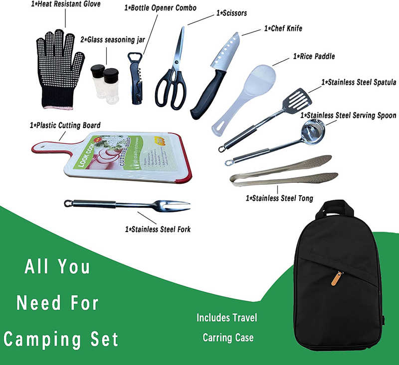 SYLGTROY Backpacking Camping Cookware Kitchen Utensil Set, Stainless Steel Outdoor Cooking Travel Set for Accessories Compact Gear Hiking Case(12Pcs)
