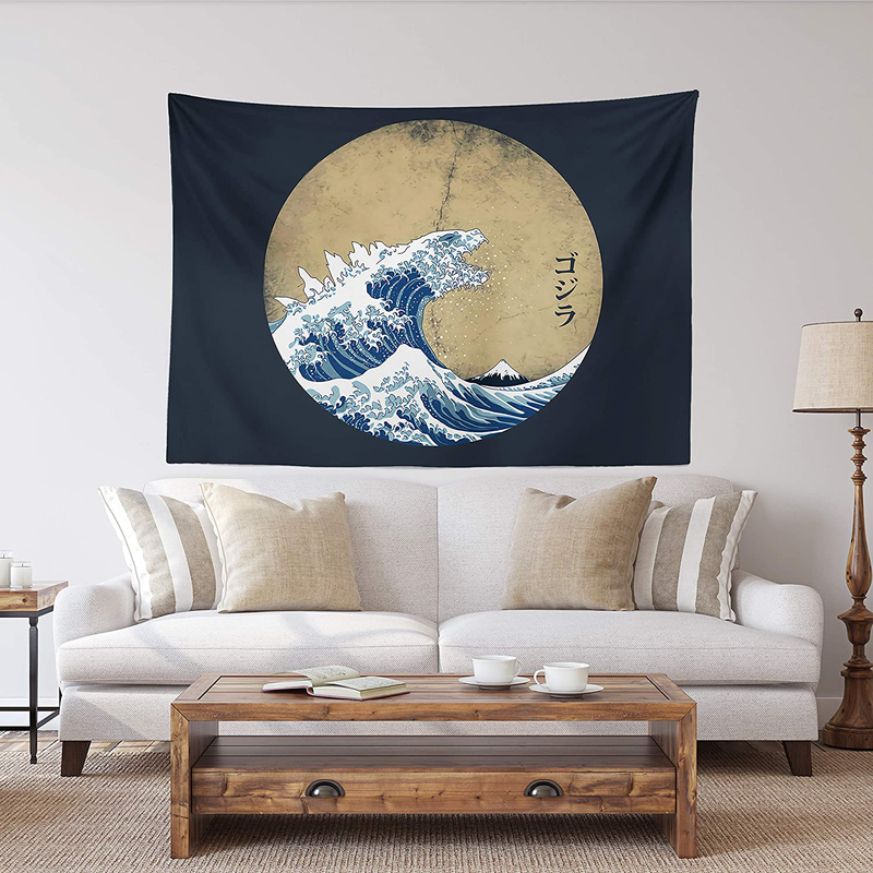 Spanker Space Ukiyoe Red White and Blue Japanese Mythical Creature The Great Waves Godzilla Fabric Tapestry 60 x 80 inches Wall Hangings with Hanging Accessories for Wall Art Home Dorm Decor Home & Garden > Decor > Seasonal & Holiday Decorations SPANKER SPACE Godzilla Blue 48" L x 60" W 