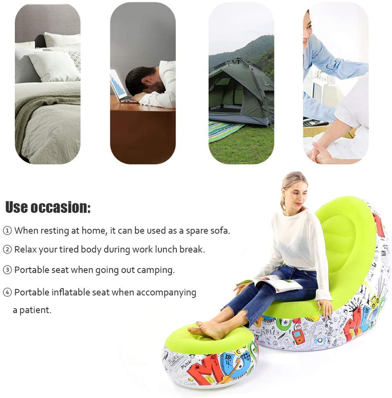 Lazy Sofa, Inflatable Sofa, Family Inflatable Lounge Chair, Graffiti Pattern Flocking Sofa, with Inflatable Foot Cushion, Suitable for Home Rest or Office Rest, Outdoor Folding Sofa Chair (Green) Sporting Goods > Outdoor Recreation > Camping & Hiking > Camp Furniture BOMTTY   