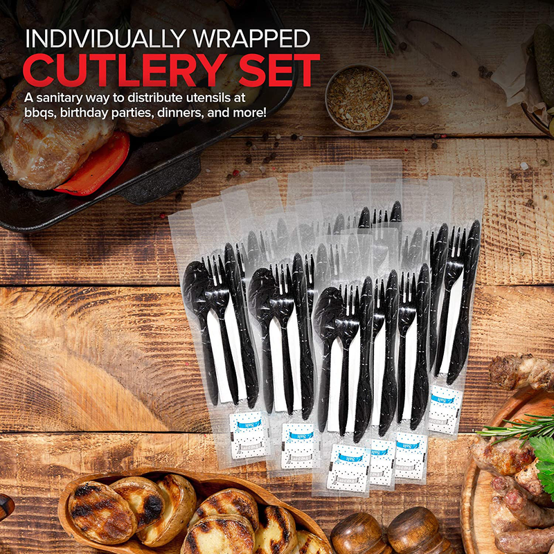 Stock Your Home Plastic Cutlery Packets with Salt & Pepper in Black (50 Count) - Wrapped Cutlery - Plastic Utensils Individually Wrapped for Take Out, Delivery, Cafeterias, Restaurants, Uber Eats Home & Garden > Kitchen & Dining > Tableware > Flatware > Flatware Sets Stock Your Home   