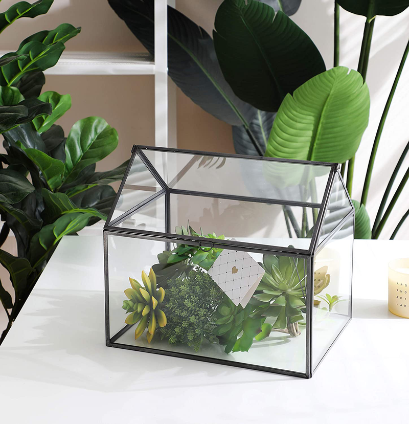 Purzest Large Glass Geometric Terrarium Container Tabletop Large Close House Shape Box Planter for Succulent Plant Moss Fern with Swing Lid Black Decor 12 x 9 x 10 inches, No Plants Included