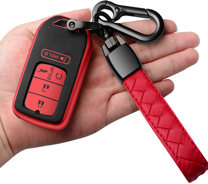 Sindeda for Honda Key fob Cover with Leather Keychain,Soft TPU Full Cover Protection,Key fob case Compatible With Honda Accord Civic CRV Pilot Odyssey Passport Smart Remote Key，Key Fob Shell-Red  ‎Sindeda Red  