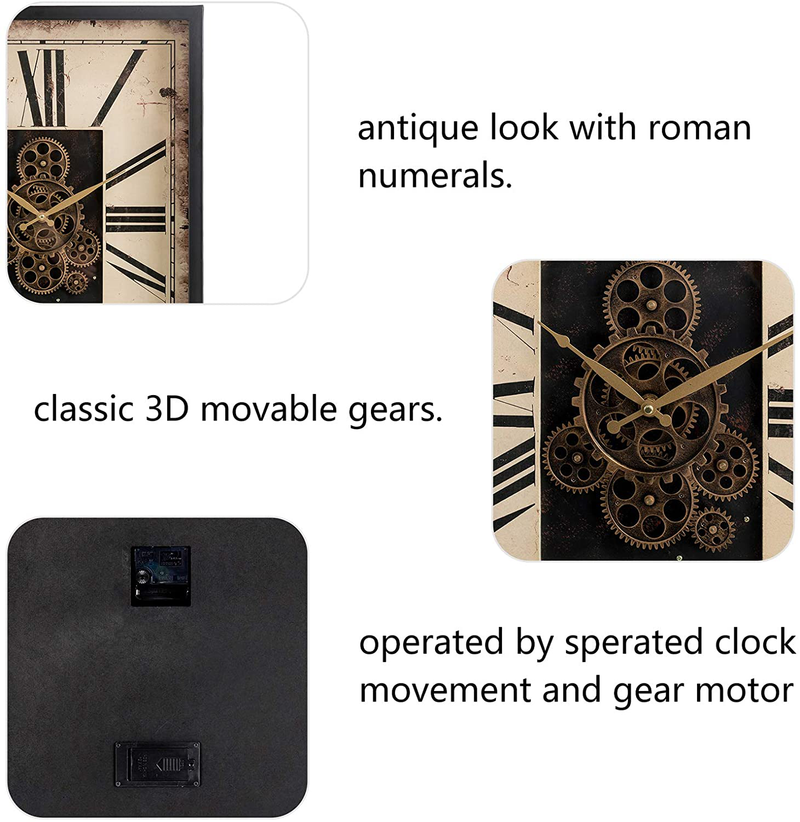 Glitzhome 23.75" H Vintage Wall Clock, Vintage Rectangle Gear Clock with Tempered Glass Roman Numeral Clock for Livingroom or Office Decoration