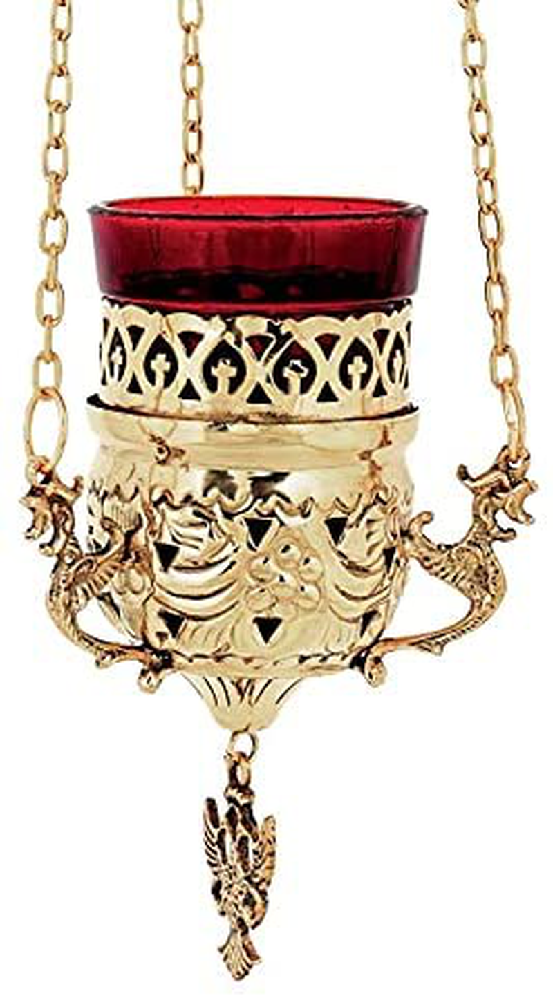 Iconsgr Orthodox Greek Christian Bronze Hanging Votive Vigil Oil Lamp with Chain and Red Glass - 9503gn Home & Garden > Lighting Accessories > Oil Lamp Fuel Iconsgr   