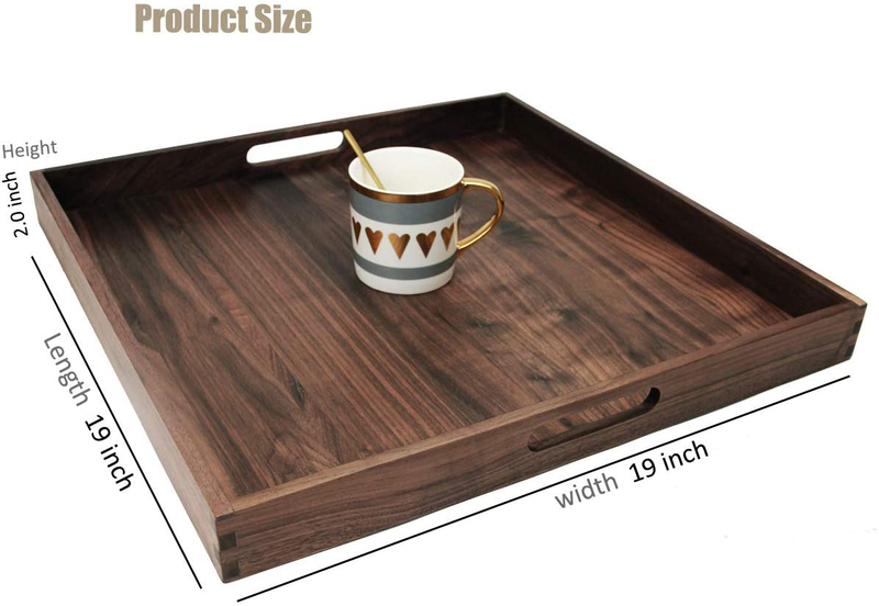 MAGIGO 19 x 19 Inches Large Square Black Walnut Wood Ottoman Tray with Handles, Serve Tea, Coffee Classic Wooden Decorative Serving Tray