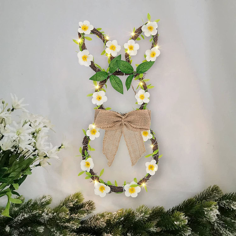 Easter Wreath, Vanthylit 25LT Rattan Bunny Wreath Lights with Linen Bow and Flower Vines Battery Operated Spring Easter Decorations for Front Door Window Wall Home Party Home & Garden > Decor > Seasonal & Holiday Decorations Vanthylit   
