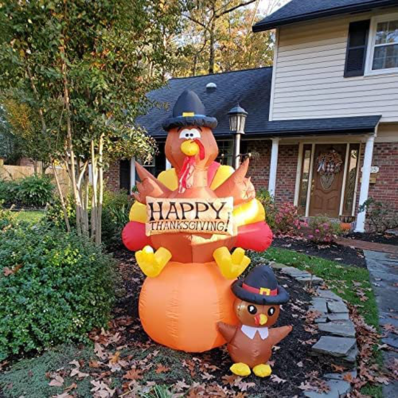 GOOSH 6 FT Height Thanksgiving Inflatables Turkey on Pumpkin & Little Turkey, Blow Up Yard Decoration Clearance with LED Lights Built-in for Holiday/Party/Yard/Garden