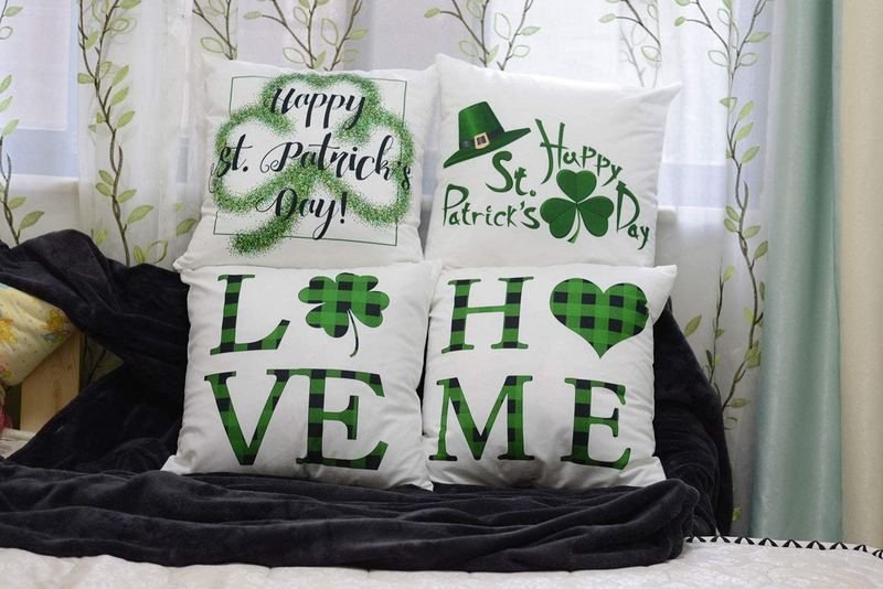 Doliving St Patricks Day Pillow Covers 18X18 Set of 4 St Patricks Day Decorations for Home Green Buffalo Check Plaid Love Home Clover St Patricks Day Pillows Home Decor St Patricks Day Decorations