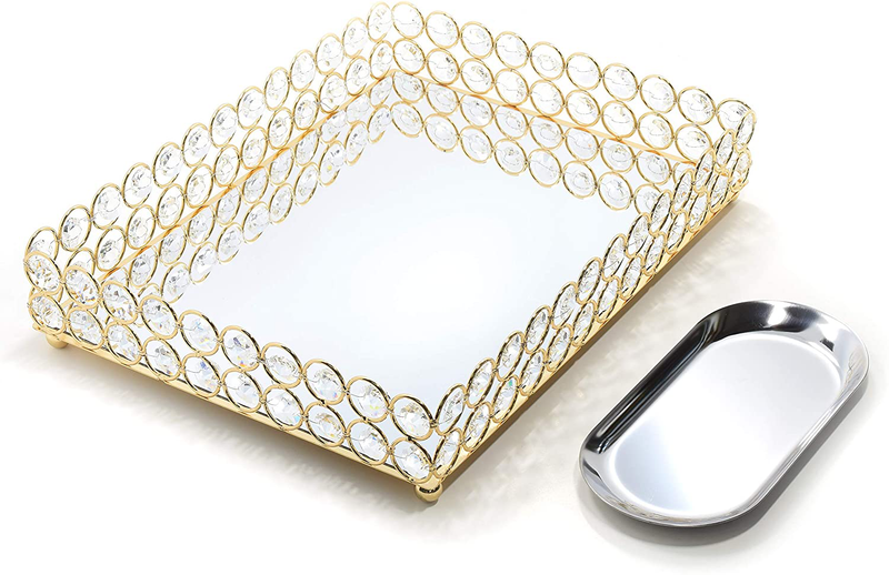 LINDLEMANN Mirrored Crystal Vanity Tray - Ornate Decorative Tray for Perfume, Jewelry and Makeup (Round, 10 inches, Silver)