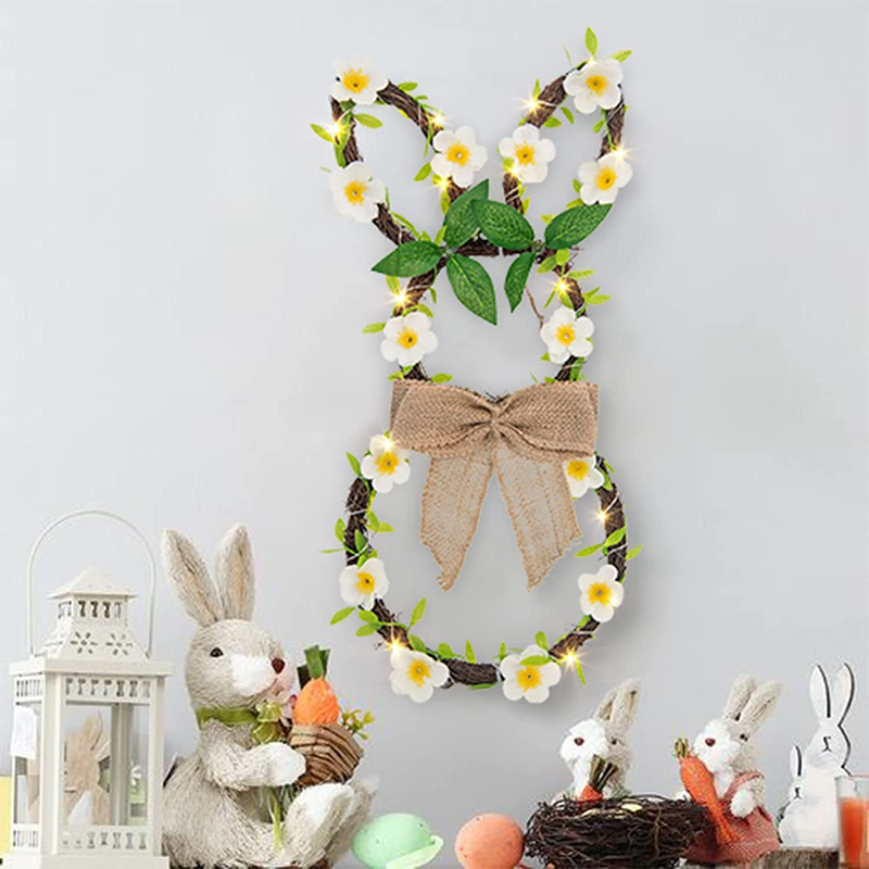 Easter Wreath, Vanthylit 25LT Rattan Bunny Wreath Lights with Linen Bow and Flower Vines Battery Operated Spring Easter Decorations for Front Door Window Wall Home Party