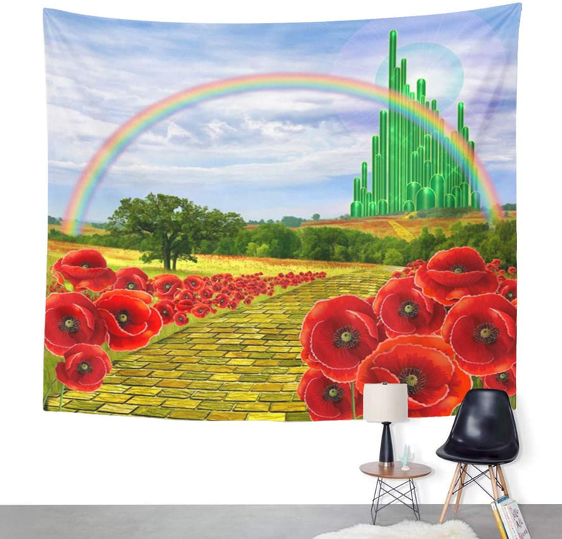 Emvency Tapestry Poppies Field Yellow Brick Road Leading to the Oz Emerald City Flowers Follow Home Decor Wall Hanging for Living Room Bedroom Dorm 50x60 Inches Home & Garden > Decor > Artwork > Decorative Tapestries Emvency   