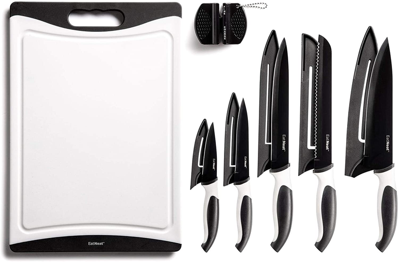 EatNeat 12-Piece Kitchen Knife Set - 5 Black Stainless Steel Knives with Sheaths, Cutting Board, and a Sharpener - Razor Sharp Cutting Tools that are Kitchen Essentials for New Home Home & Garden > Kitchen & Dining > Kitchen Tools & Utensils > Kitchen Knives EATNEAT Black  