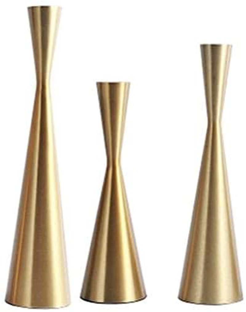 Set of 3 Brass Gold Metal Taper Candle Holders Candlestick Holders, Vintage & Modern Decorative Centerpiece Candlestick Holders for Table Mantel Wedding Housewarming Gift (Brass Golden, S+M+L/SET)
