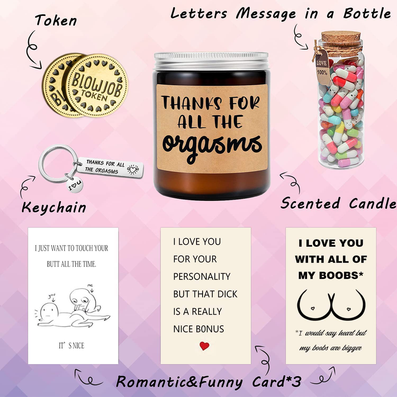 Funny Naughty Gifts for Boyfriend -97Pcs Anniversary Valentines Day Birthday Gifts Set Basket Sex Things for BF Him Men Husband Romantic Funny Scented Candles Token Keychain Capsule Letters Cards