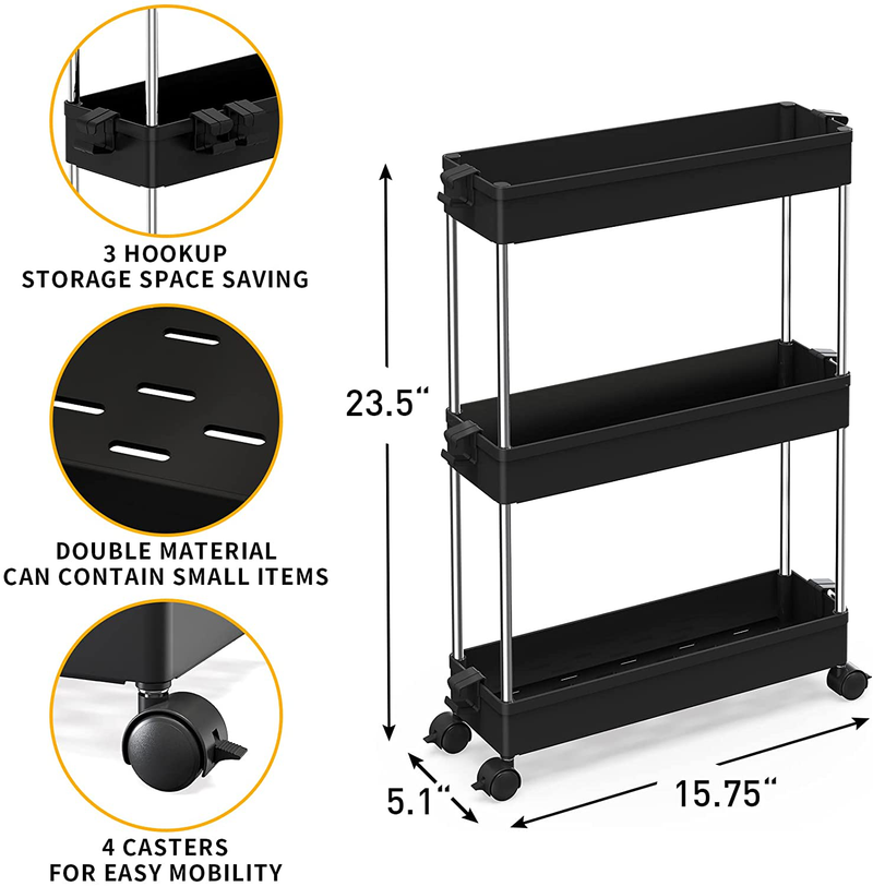 SPACEKEEPER Slim Storage Cart 3 Tier Mobile Shelving Unit Organizer Slide Out Storage Rolling Utility Cart Tower Rack for Kitchen Bathroom Laundry Narrow Places, Plastic & Stainless Steel, Black