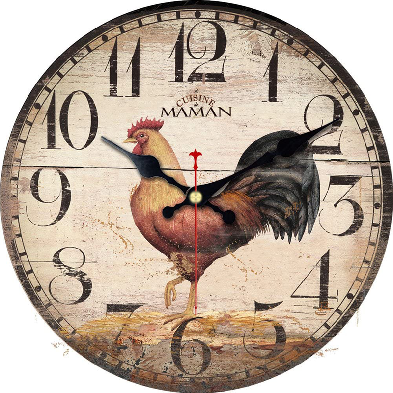 Shuaxin Home Decor Quartz Wooden Round Wall Clock,12 Inch Easy to Read Retro Brown Rooster Style Clock for Kids Room,Bedroom,Kitchen Home & Garden > Decor > Clocks > Wall Clocks SHUAXIN Brown Rooster 12 inch 