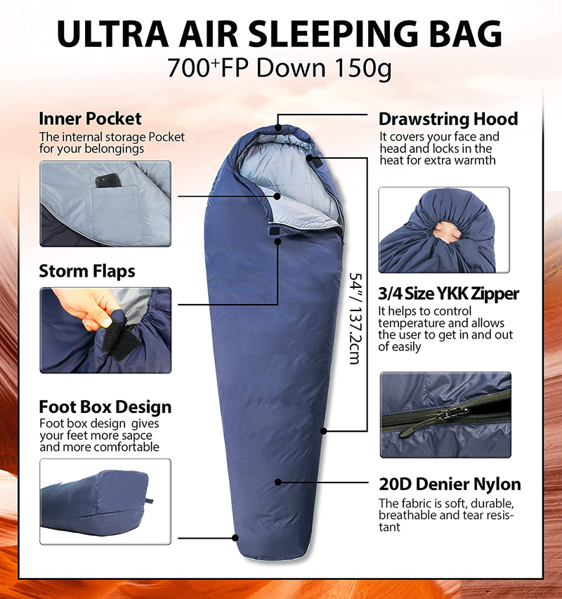 Litume 1.1 Lbs 700 Fill Power down Ultra Air Mummy Sleeping Bag, 43°F-68°F, Water Repelling Sleep Sack for 3-Season, Ultra-Lightweight and Portable, for Hiking Traveling Camping Backpacking Sporting Goods > Outdoor Recreation > Camping & Hiking > Sleeping BagsSporting Goods > Outdoor Recreation > Camping & Hiking > Sleeping Bags Litume   