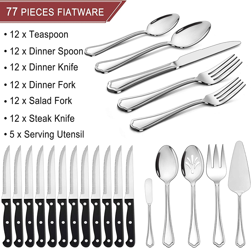 LIANYU 77-Piece Silverware Flatware Set for 12, Plus Steak Knives and Serving Utensils, Stainless Steel Flatware Cutlery Set, Eating Utensils Tableware with Scalloped Edge, Dishwasher Safe Home & Garden > Kitchen & Dining > Tableware > Flatware > Flatware Sets LIANYU   