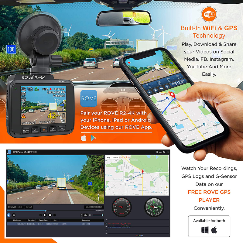 Rove R2-4K Dash Cam Built in WiFi GPS Car Dashboard Camera Recorder with UHD 2160P, 2.4" LCD, 150° Wide Angle, WDR, Night Vision Vehicles & Parts > Vehicle Parts & Accessories > Motor Vehicle Electronics ROVE   