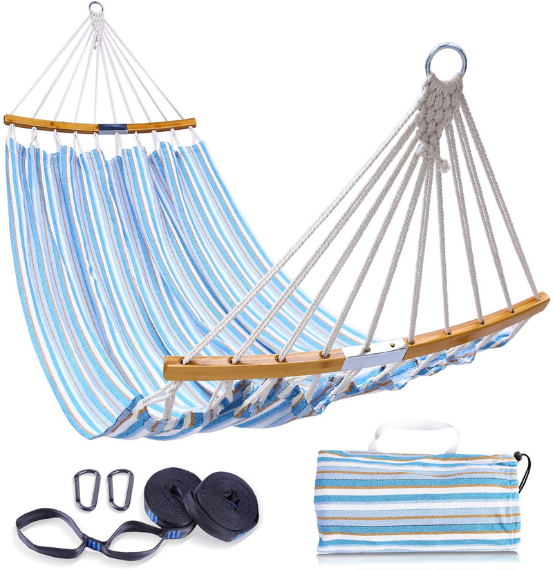 Double Hammock with Tree Straps Kit, Ohuhu Folding Curved-Bar Bamboo Hammock with Carrying Bag, Portable 2-Person Hammocks for Patio, Backyard, Porch, Camping, Travel, Indoor Outdoor Use Home & Garden > Lawn & Garden > Outdoor Living > Hammocks Ohuhu Default Title  