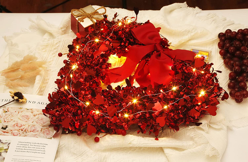 Sggvecsy 18’’ Tinsel Heart Shaped Wreath Red Heart Wreaths Valentine'S Day Heart Wreath with Red Bow LED Lights for Front Door Wedding Party Anniversary Wall Gift for Girlfriend Mother’S Day Decor Home & Garden > Decor > Seasonal & Holiday Decorations Sggvecsy   