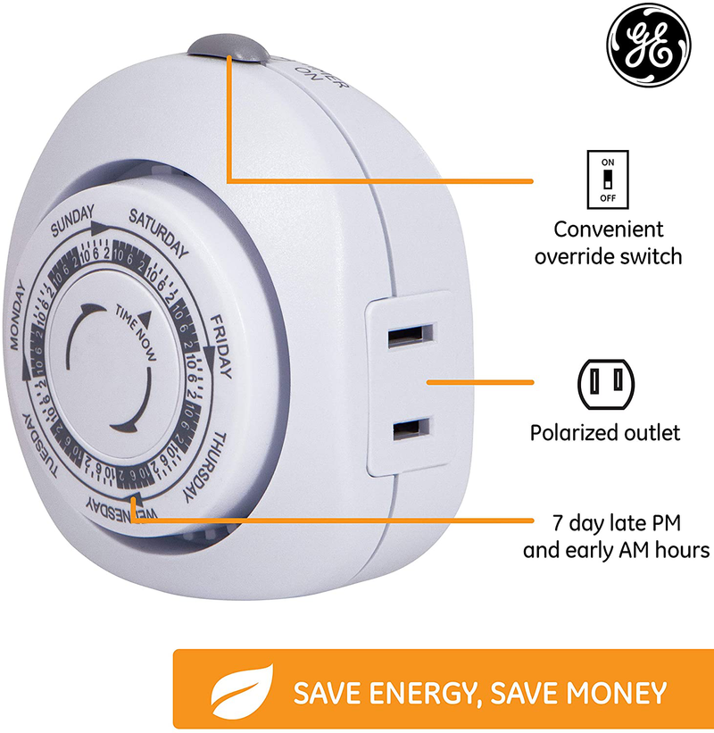 GE 7-Day Vacation Indoor Plug-In Mechanical Timer, 1 Polarized Outlet, Pre-Programmed On/Off Times for Home Security, Ideal for Lamps, Seasonal Lighting, Small Appliances, 15151,Vacation 1-Outlet | Gray/White