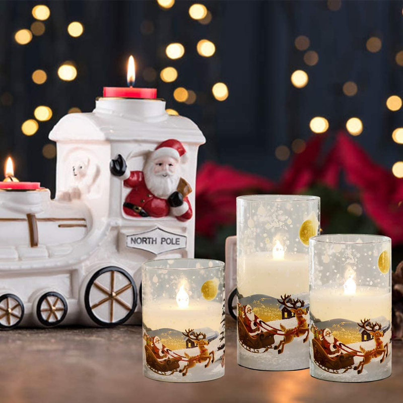 DRomance White Christmas Glass Flickering Flameless Candles Battery Operated with 10-Key Remote and Timer Set of 3 Real Wax Holiday LED Window Pillar Decor Candles(Santa Decal, 3 x 4, 5, 6 Inches) Home & Garden > Decor > Home Fragrances > Candles DRomance   