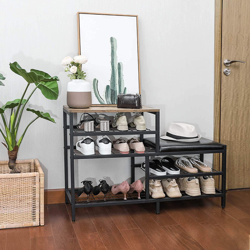 Shoe Rack Bench 5-Tier Shoe Storage with Seat Industrial Entryway Bench Metal Storage Shelves Organizer Entry Bench Shoe Stand for Entryway Hall Brown Black Furniture > Cabinets & Storage > Armoires & Wardrobes X-cosrack   