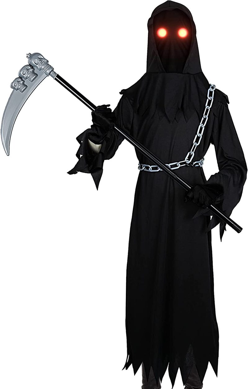 Kids Grim Reaper Costume with Glowing Red Eyes Halloween Cosplay Death Scythe Costume Accessories for Scary Halloween Dress Party Carnival, 10-12 Years Apparel & Accessories > Costumes & Accessories > Costumes HESTYA Default Title  