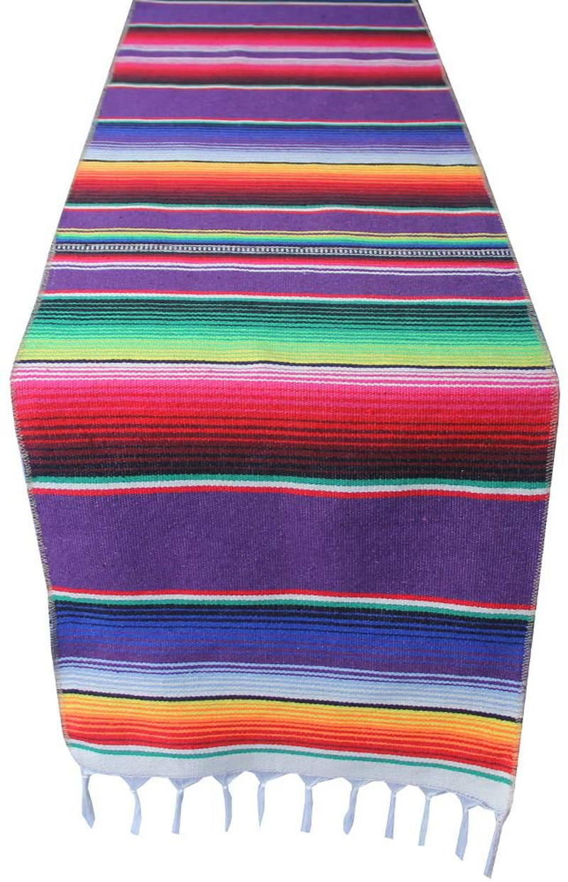 Mexican Serape Table Runner for Mexican Theme Party, Cinco de Mayo Fiesta Party, Day of Death Decorations, Falsa Classic Striped Fringe Pattern Cotton Blanket, Red,14x84 inches Home & Garden > Decor > Seasonal & Holiday Decorations& Garden > Decor > Seasonal & Holiday Decorations Toaroa Purple 1 