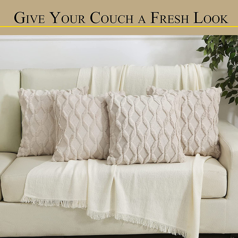 Soft Plush Short Wool Throw Pillow Covers 20X20 Inches Decorative Fluffy Farmhouse Velvet Couch Pillow Case Faux Wool Square Boho Cushion Pillowcase Pack of 2, Beige Home & Garden > Decor > Chair & Sofa Cushions Fireworx   