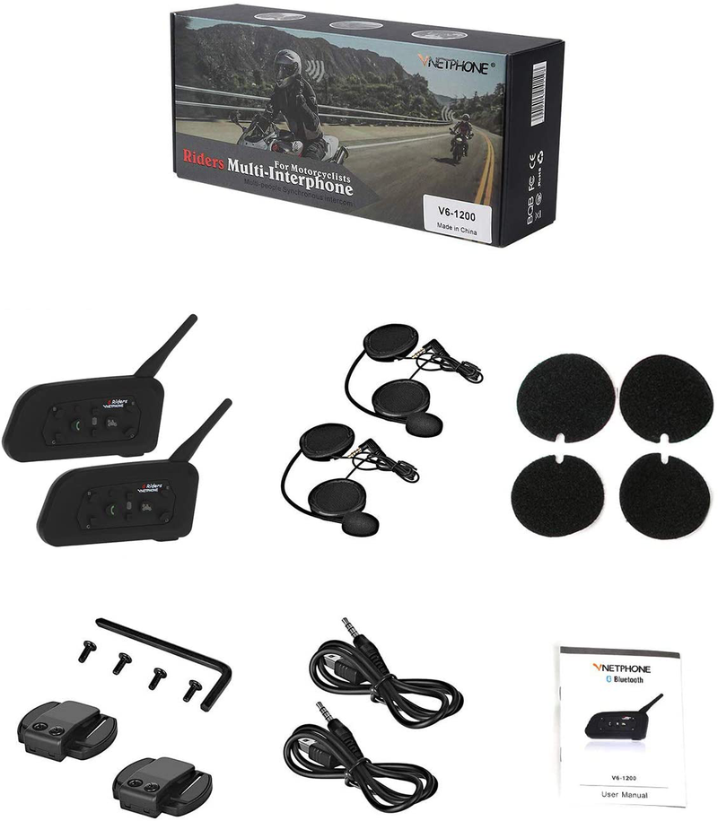 Motorcycle Bluetooth Headset EJEAS V6 2-Way 1200M Intercom,Helmet Bluetooth Headset 2 Pack, Motorbike Intercom kit, Skiing Helmet Interphone Communication System, Connect Up to 6 Riders  VNETPHONE   