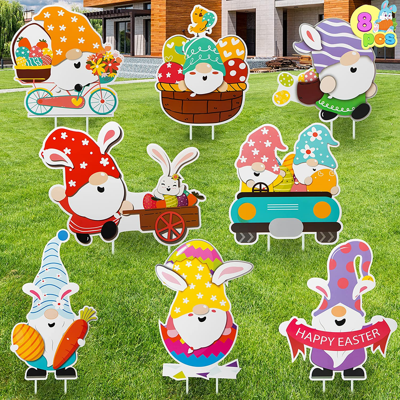 JOYIN 8 Pieces Easter Yard Signs Decorations Outdoor Bunny, Chick and Eggs Yard Stake Signs Easter Lawn Yard Decorations for Easter Hunt Game, Party Supplies Dècor, Easter Props. Home & Garden > Decor > Seasonal & Holiday Decorations JOYIN Gnome  