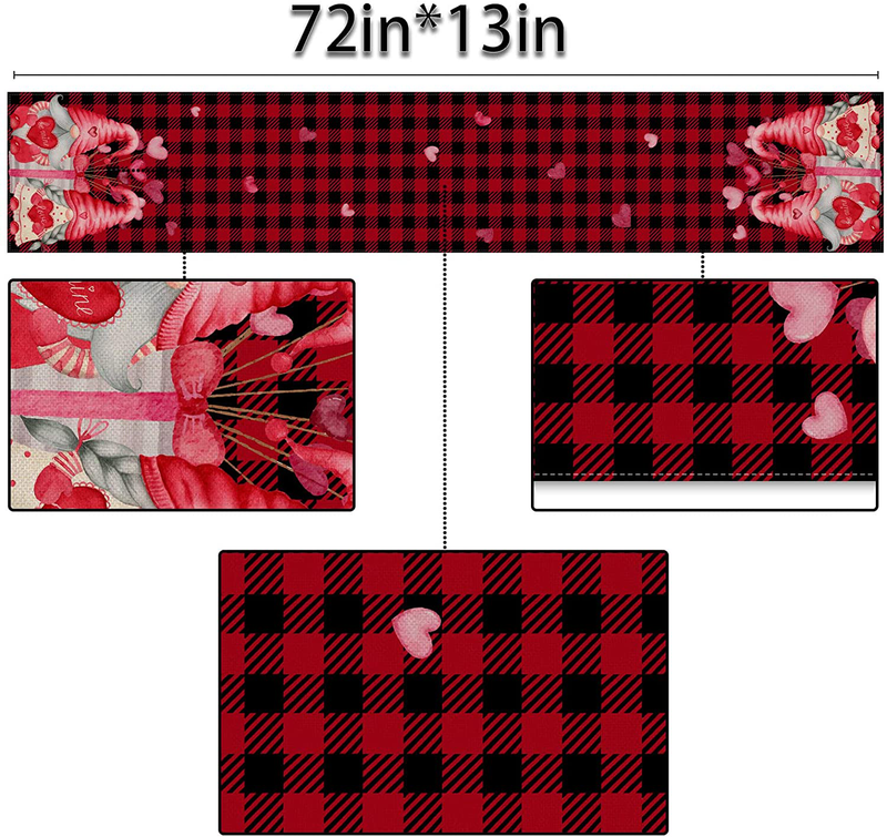 Linen Valentine'S Day Table Runner Gnome Red and Black Buffalo Check Plaid Scandinavian Tomte Table Decoration Kitchen Dining Room Decor -13X72 Inch Home & Garden > Decor > Seasonal & Holiday Decorations Sunwer   