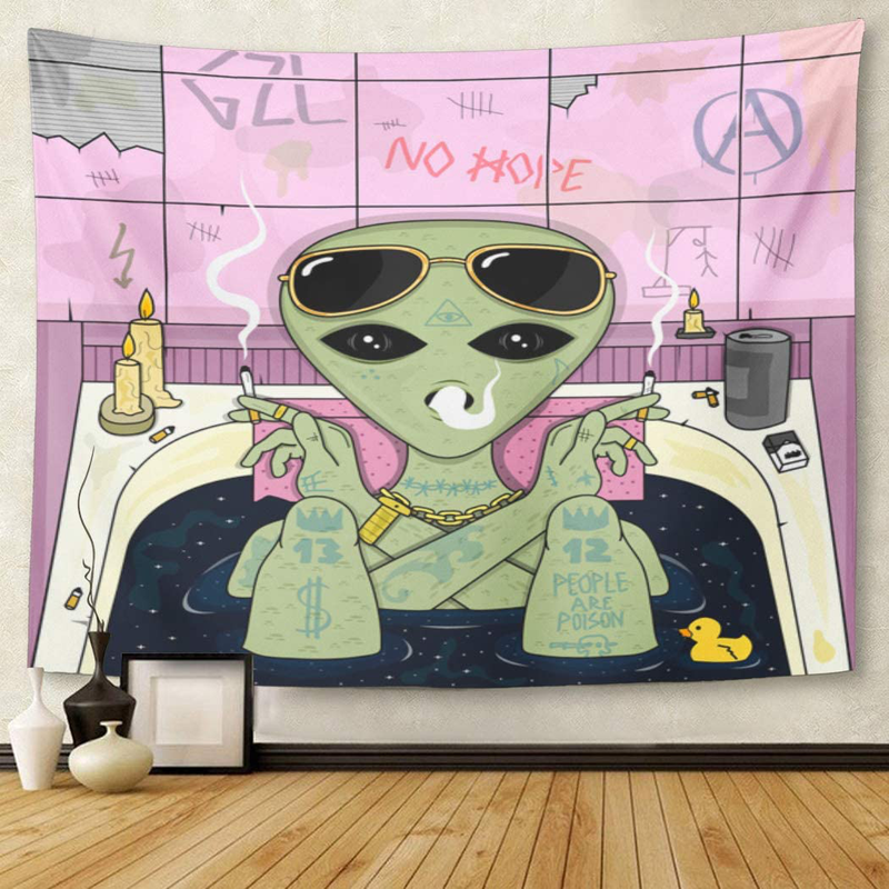 Emvency Tapestry Trippy Stoner Weed Alien Smoke and Chill in Bath Aesthetic Cigarette Glasses Home Decor Wall Hanging for Living Room Bedroom Dorm 60x80 Inches Home & Garden > Decor > Artwork > Decorative Tapestries Emvency   