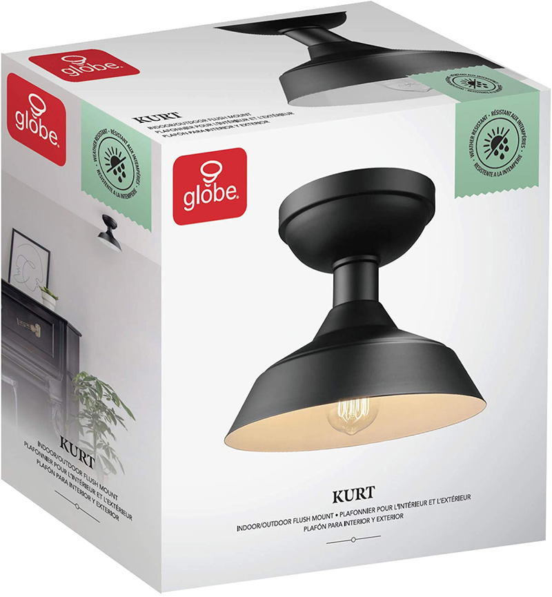 Globe Electric 44677 Kurt 1-Light Outdoor Indoor Flush Mount Ceiling Light, Matte Black