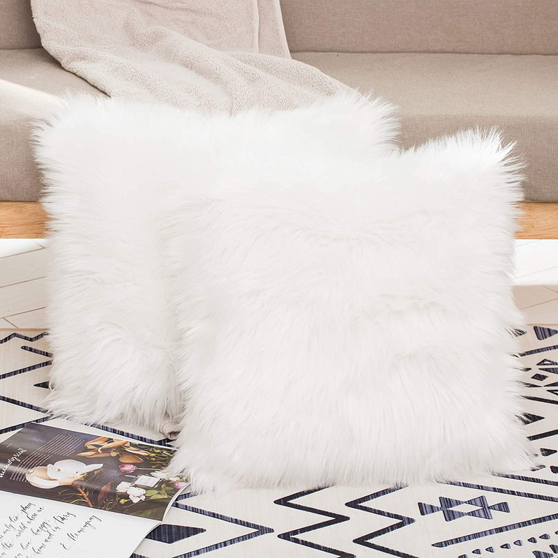 HYSEAS Set of 2 Decorative Faux Fur Throw Pillow Covers, White Fluffy Soft Fuzzy Square Cushion Cover Pillow Case for Sofa, Couch, Chair, Bed, Cafe, 18 X 18 Inches Home & Garden > Decor > Chair & Sofa Cushions HYSEAS   