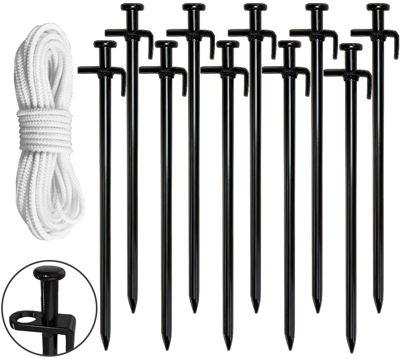 Eurmax USA 10PC Pack 12 Inch Multiuse Heavy Duty Steel Tent Stakes Tarp Pegs Camping Stakes for Outdoor Camping Canopy and Tarp with 4 Ropes 10FT Length(Grey) Sporting Goods > Outdoor Recreation > Camping & Hiking > Tent Accessories Eurmax Black  
