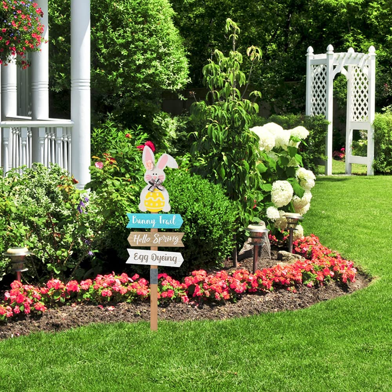 Easter Decorations Outdoor Garden Decor, Hogardeck 36 Inch Wood Decorative Garden Stake with Flower Bow Bunny Trail Stakes Spring Yard Sign Hello Spring Easter Bunny Decor for Indoor Outdoor Patio Lawn Home & Garden > Decor > Seasonal & Holiday Decorations hogardeck   