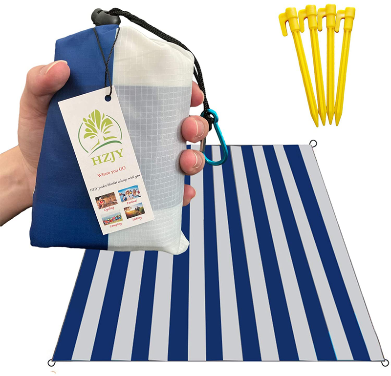 HZJOYUE Outdoor Blanket (71" x 55") -Compact, Lightweight, Sand Proof Pocket Blanket Best Mat for The Beach, Hiking, Travel, Camping, Festivals with Pockets, Loops, Stakes, Carabiner Home & Garden > Lawn & Garden > Outdoor Living > Outdoor Blankets > Picnic Blankets HZJOYUE White Blue  