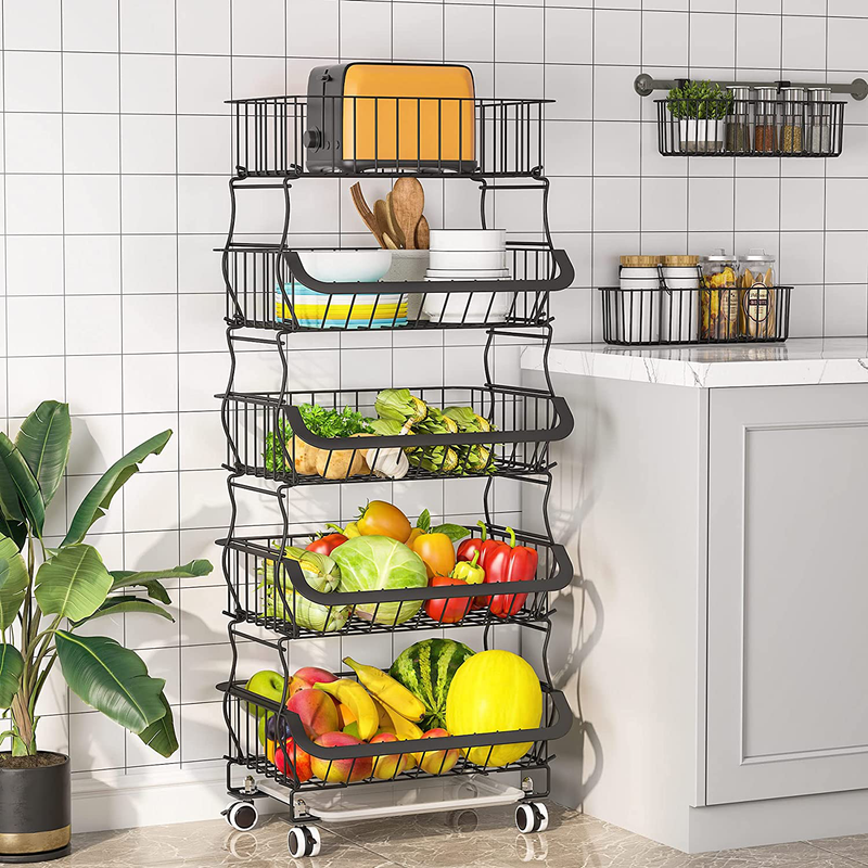 Fruit Basket, 1Easylife 3 Tier Stackable Metal Wire Basket Cart with Rolling Wheels, Utility Rack for Kitchen, Pantry, Garage, with 2 Free Baskets (5 Tier)