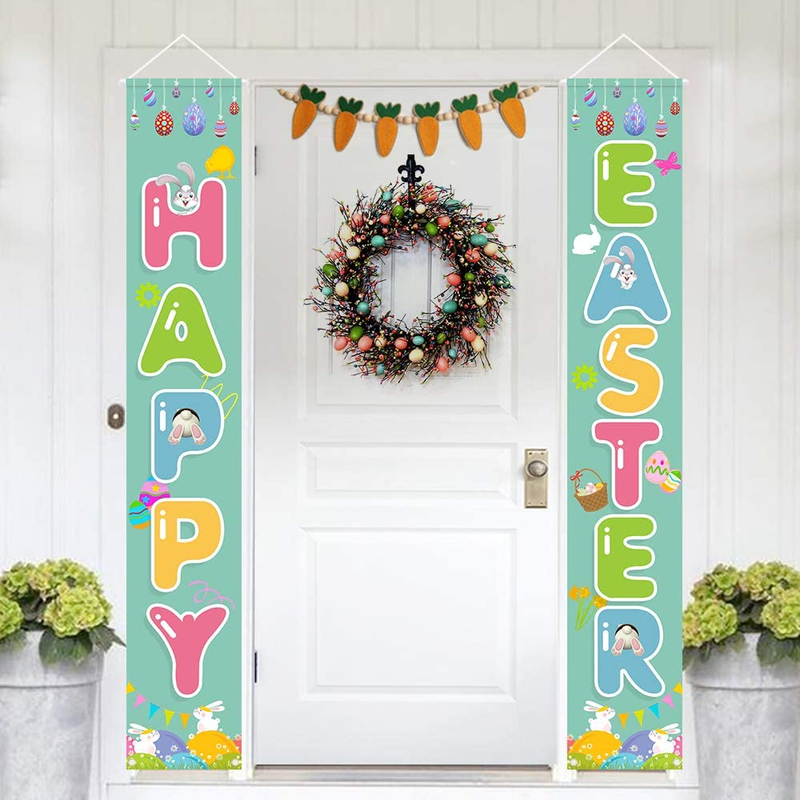 Easter Porch Sign, Happy Easter Theme Porch Sign with Bunny Egg Decoration for Hello Spring Outdoor Indoor Porch Party Supplies