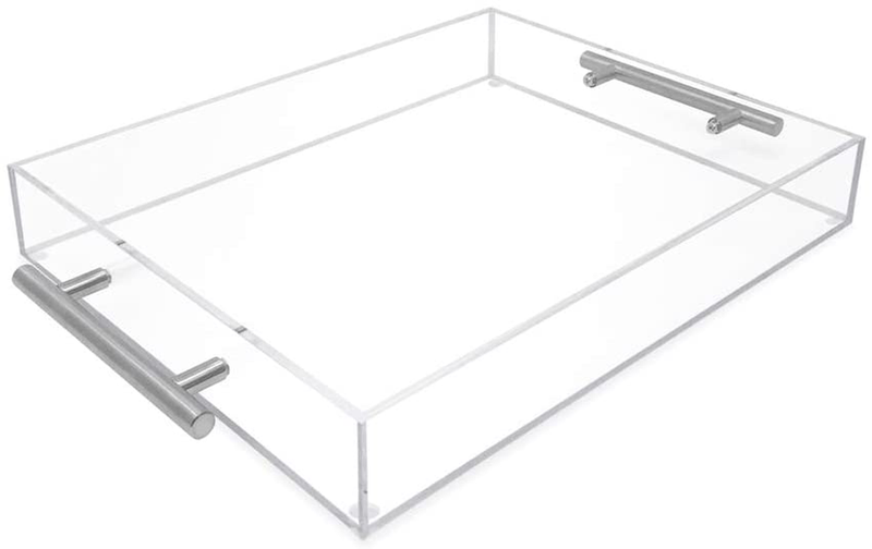 Isaac Jacobs Clear Acrylic Serving Tray (11x14) with Gold Metal Handles, Spill-Proof, Stackable Organizer, Food & Drinks Server, Indoors/Outdoors, Lucite Storage Décor (11x14, Clear with Gold Handle) Home & Garden > Decor > Decorative Trays Isaac Jacobs International Clear With Silver Handle 11x14 